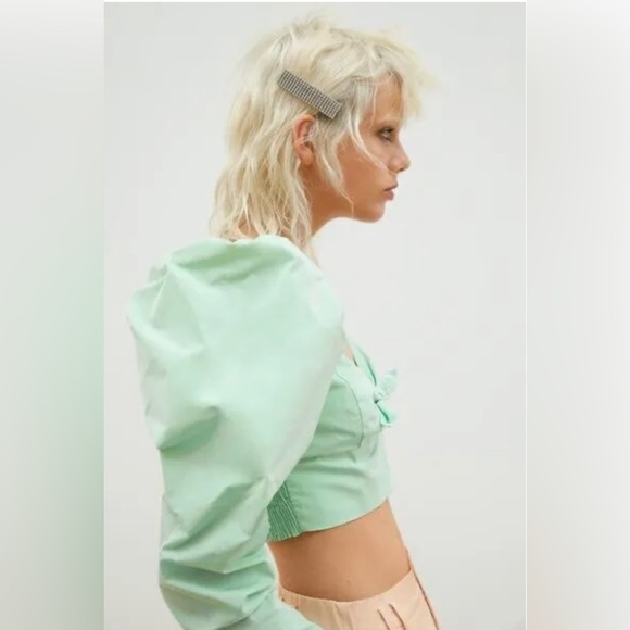 NWT Zara One Puff Shoulder Green Crop Top - Picture 14 of 16
